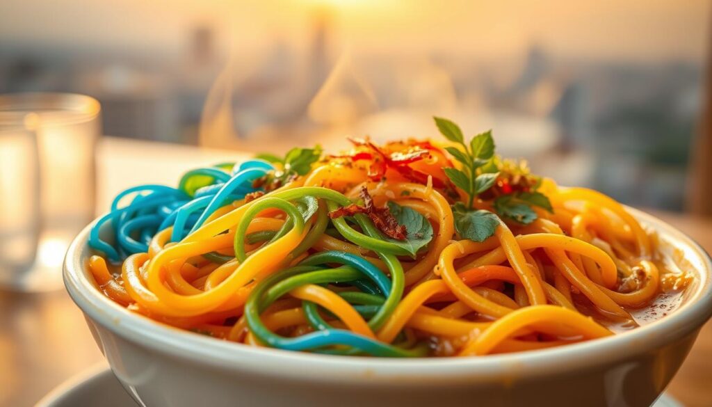 A vibrant and flavorful dish of "sky jb mian fen kueh" - a traditional Johor Bahru-style colorful noodle delight. In the foreground, an artful arrangement of thick, chewy noodles in a rainbow of hues, including brilliant blue, vivid green, and rich yellow. Fresh herbs and spices add pops of color and aroma. The middle ground showcases the steaming bowl, its ceramic surface reflecting the warm lighting. In the background, a softly blurred skyline hints at the dish's origins in the bustling Malaysian city of Johor Bahru. Warm, golden light bathes the scene, creating a cozy, inviting atmosphere. Captured with a shallow depth of field and a slightly off-center composition for visual interest.