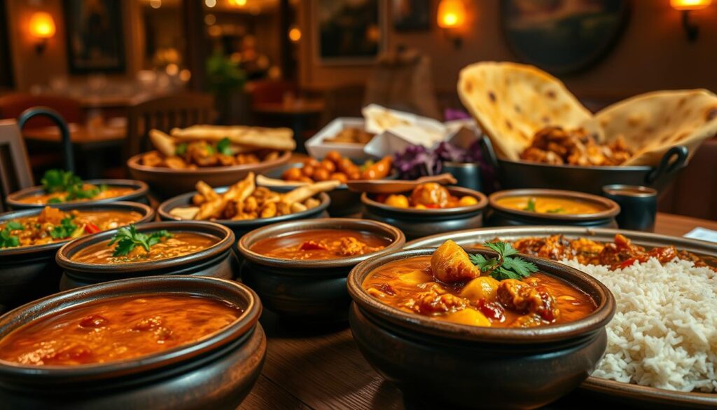 A vibrant and flavorful spread of authentic North Indian delicacies, captured in a richly textured, high-resolution image. In the foreground, an array of aromatic curries and stews, their colors and aromas bursting forth from earthenware bowls. In the middle ground, naan breads, tender tandoori chicken, and fragrant basmati rice, artfully arranged on a wooden table. The background features a glimpse of a cozy, dimly lit restaurant setting, with warm lighting casting a inviting glow. The overall scene evokes the essence of a traditional North Indian feast, enticing the viewer to savor each mouthwatering dish.