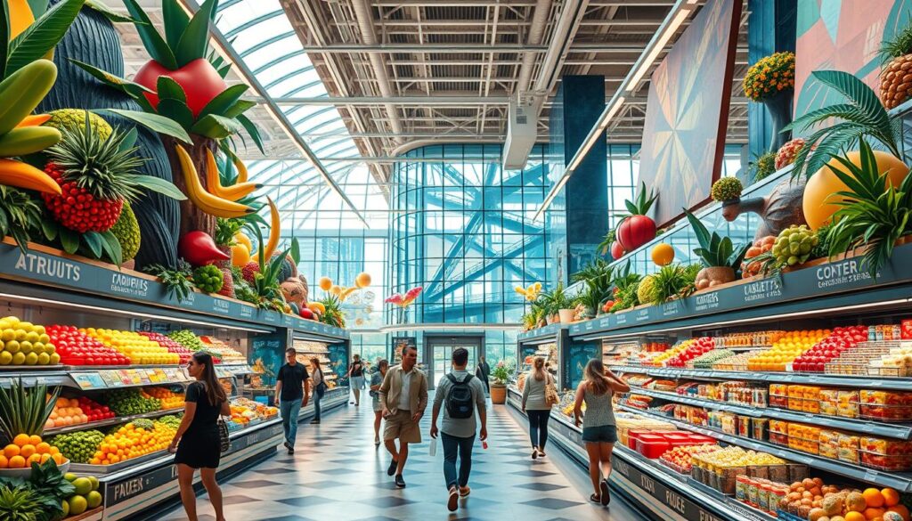 A vibrant and immersive supermarket scene, where the aisles are brimming with unique and captivating thematic experiences. In the foreground, customers meander through enchanting displays, each section a world unto itself - a tropical fruit oasis, a cozy bakery nook, a futuristic tech zone. The middle ground showcases striking architectural elements, from sweeping glass facades to bold geometric patterns on the floors. In the background, natural light filters in, casting a warm, inviting glow and accentuating the overall sense of discovery and delight. The atmosphere is one of curiosity and exploration, enticing shoppers to linger and immerse themselves in this extraordinary supermarket journey.