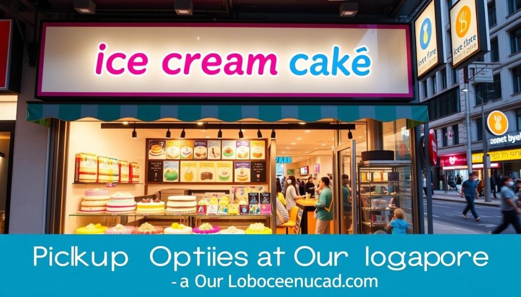 A vibrant and inviting storefront showcases the colorful array of ice cream cakes available for pickup. The storefront is well-lit, with warm lighting highlighting the tempting display of cakes in the foreground. The middle ground features signage clearly indicating the pickup location, while the background depicts a bustling urban street scene, suggesting the convenient accessibility of this ice cream cake destination. The overall scene conveys a sense of mouthwatering anticipation and the promise of a delightful treat, perfectly capturing the essence of the "Pickup Options at Our Singapore Locations" section.