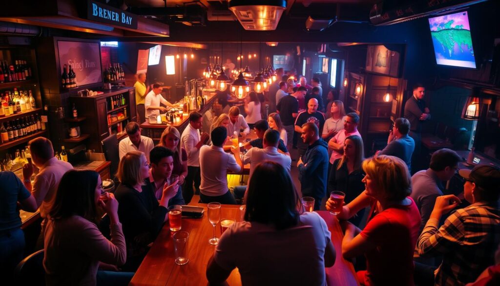 A vibrant and lively social bar atmosphere, illuminated by warm, ambient lighting. In the foreground, a group of friends gathered around a wooden table, drinks in hand, engaged in lively conversation. The middle ground features a bustling bar counter, with bartenders deftly mixing cocktails and serving patrons. In the background, a mix of locals and travelers mingle, creating a dynamic and diverse social scene. The overall mood is one of relaxation, camaraderie, and a sense of community, inviting both locals and visitors to immerse themselves in the authentic local pub experience.