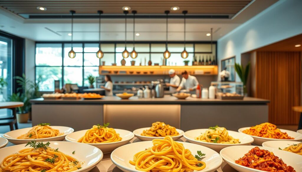 A vibrant and modern pasta bar concept in Singapore, showcased in a warm, inviting atmosphere. The foreground features an array of freshly prepared pasta dishes, expertly crafted with care and attention to detail. In the middle ground, a sleek, minimalist counter design with clean lines and a touch of natural wood accents. The background highlights an open kitchen, where skilled chefs artfully prepare the dishes, creating a captivating culinary theater. Soft, diffused lighting casts a cozy glow, and large windows allow natural light to filter in, creating a harmonious blend of elegance and approachability. The overall composition evokes a sense of refined sophistication, highlighting the passion and artistry behind the pasta creations. A vibrant and modern pasta bar concept in Singapore, showcased in a warm, inviting atmosphere. The foreground features an array of freshly prepared pasta dishes, expertly crafted with care and attention to detail. In the middle ground, a sleek, minimalist counter design with clean lines and a touch of natural wood accents. The background highlights an open kitchen, where skilled chefs artfully prepare the dishes, creating a captivating culinary theater. Soft, diffused lighting casts a cozy glow, and large windows allow natural light to filter in, creating a harmonious blend of elegance and approachability. The overall composition evokes a sense of refined sophistication, highlighting the passion and artistry behind the pasta creations.