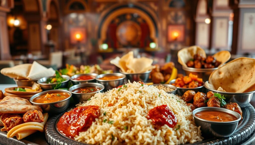 A vibrant and mouthwatering Indian food sampler platter takes center stage, showcasing a diverse array of authentic dishes. In the foreground, steaming curries, fragrant basmati rice, and flaky naan bread are artfully arranged, inviting the viewer to indulge. Colorful chutneys, crisp papadums, and flavorful kebabs fill the middle ground, hinting at the depth and complexity of Indian cuisine. The background features a warm, softly lit ambiance, with hints of intricate architectural details and spice-laden aromas, creating a welcoming and immersive atmosphere. The overall composition captures the essence of an Indian food sampler - a harmonious blend of flavors, textures, and cultural traditions, all within a single, visually captivating spread.