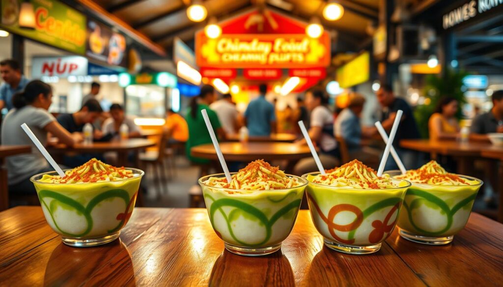 A vibrant and mouthwatering display of the finest chendol bowls Singapore has to offer. In the foreground, three colorful chendol desserts sit atop polished wooden tables, their glistening green pandan noodles, aromatic coconut milk, and caramelized palm sugar creating a visually captivating scene. In the middle ground, a bustling outdoor hawker center or cafe setting provides a lively backdrop, with locals and tourists alike savoring the iconic local treat. The lighting is warm and natural, casting a inviting glow over the scene and highlighting the rich, textural details of the chendol. The overall mood is one of cultural authenticity, culinary delight, and the vibrant spirit of Singapore's renowned street food scene.