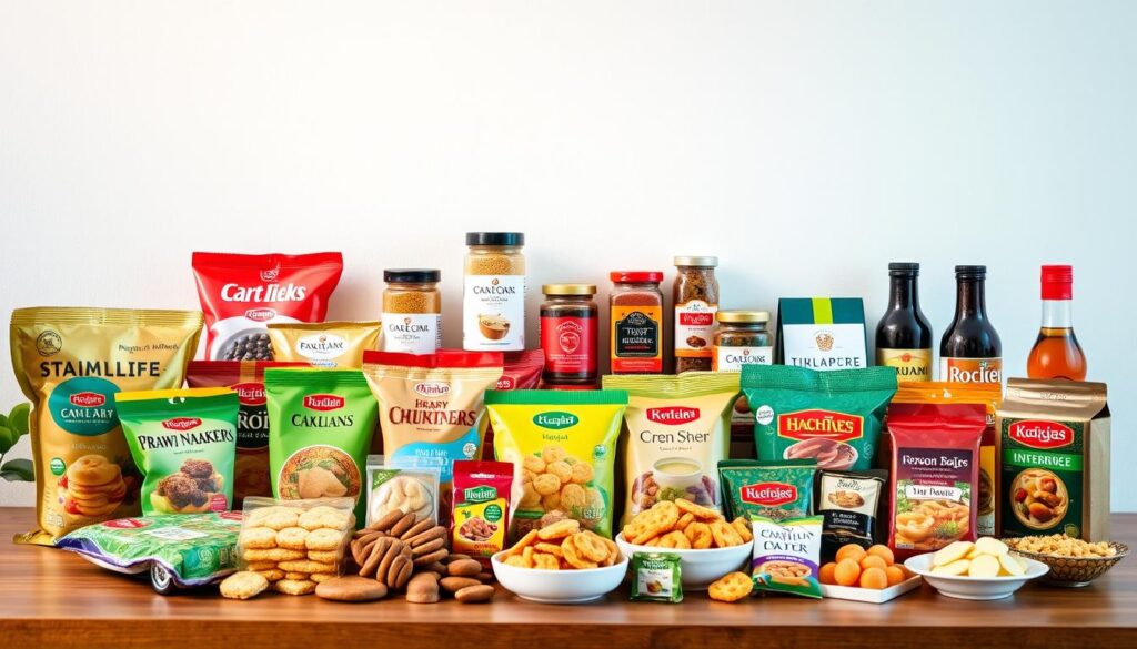 A vibrant and tempting display of Singapore's iconic food souvenirs set against a clean, minimalist backdrop. In the foreground, an assortment of colorful snacks and confections, from fragrant pandan cookies to crisp prawn crackers, neatly arranged on a wooden surface. In the middle ground, jars of premium coffee beans, aromatic spices, and traditional sauces stand out with their distinctive packaging. The background features a plain white wall, allowing the products to take center stage and highlighting their visual appeal. Soft, natural lighting illuminates the scene, creating a warm and inviting atmosphere that captures the essence of Singapore's delectable culinary offerings.
