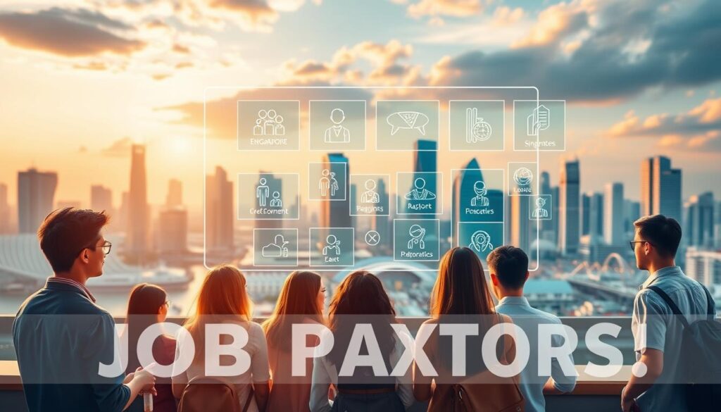 A vibrant and visually engaging image of specialized job platforms in Singapore. In the foreground, a group of diverse job seekers interacting with a sleek, holographic interface showcasing various niche employment opportunities. The middle ground features a panoramic view of the Singapore skyline, with skyscrapers and high-tech office buildings. The background is bathed in a warm, golden glow, creating a sense of optimism and opportunity. The lighting is soft and diffused, with a shallow depth of field to draw the viewer's attention to the focal point. The overall composition conveys a sense of innovation, technology, and the dynamic job market in Singapore. A vibrant and visually engaging image of specialized job platforms in Singapore. In the foreground, a group of diverse job seekers interacting with a sleek, holographic interface showcasing various niche employment opportunities. The middle ground features a panoramic view of the Singapore skyline, with skyscrapers and high-tech office buildings. The background is bathed in a warm, golden glow, creating a sense of optimism and opportunity. The lighting is soft and diffused, with a shallow depth of field to draw the viewer's attention to the focal point. The overall composition conveys a sense of innovation, technology, and the dynamic job market in Singapore.