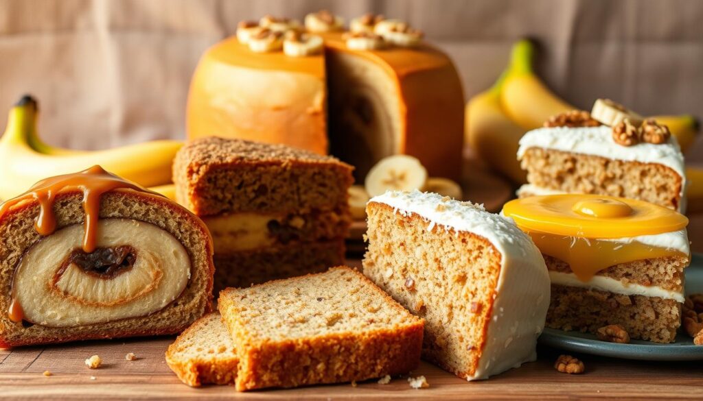 A vibrant, appetizing display of creative banana cake variations, showcased against a warm, inviting backdrop. In the foreground, a selection of tempting slices: a rich, moist banana cake with a swirl of caramelized bananas and a drizzle of salted caramel; a dense, fudgy banana cake with a creamy cream cheese frosting and a sprinkle of toasted coconut; and a fluffy, light banana cake with a layer of tangy lemon curd and a dusting of powdered sugar. In the middle ground, a whole banana cake, its golden-brown crust glistening under soft, natural lighting, surrounded by fresh banana slices and a scattering of chopped walnuts. In the background, a rustic wooden surface, complemented by a neutral-toned linen backdrop, creating a cozy, inviting atmosphere.