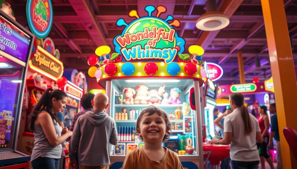 A vibrant arcade scene, bathed in warm, inviting lighting. The "Wonderful World of Whimsy" logo stands proudly atop a colorful, whimsical prize redemption booth, surrounded by an array of plush toys, gadgets, and other exciting prizes. Eager customers browse the shelves, faces alight with anticipation. In the foreground, a young child excitedly claims their hard-earned reward, a triumphant smile spreading across their face. The background is filled with the bustling activity of the arcade, neon lights and the chatter of delighted players. The overall atmosphere radiates a sense of pure, unbridled joy and the thrill of the gaming experience. A vibrant arcade scene, bathed in warm, inviting lighting. The "Wonderful World of Whimsy" logo stands proudly atop a colorful, whimsical prize redemption booth, surrounded by an array of plush toys, gadgets, and other exciting prizes. Eager customers browse the shelves, faces alight with anticipation. In the foreground, a young child excitedly claims their hard-earned reward, a triumphant smile spreading across their face. The background is filled with the bustling activity of the arcade, neon lights and the chatter of delighted players. The overall atmosphere radiates a sense of pure, unbridled joy and the thrill of the gaming experience.