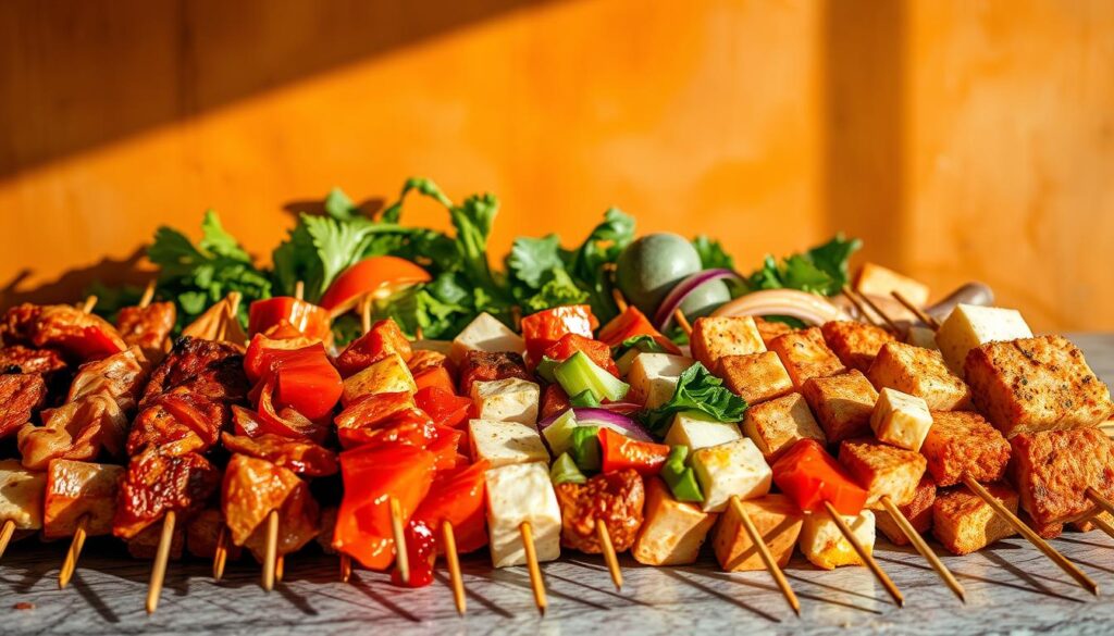 A vibrant arrangement of skewered meats, vegetables, and tofu, meticulously prepared for the quintessential Chuan Chuan experience. The skewers are neatly displayed against a backdrop of warm, earthy tones, casting soft shadows that add depth and dimension to the composition. The lighting is natural and diffused, highlighting the vivid colors and textures of the ingredients. In the foreground, the skewers are presented in an inviting manner, beckoning the viewer to indulge in the flavors of this beloved Chinese street food. The middle ground showcases the array of ingredients, each carefully selected to create a harmonious balance of flavors and textures. The background features a subtle, yet evocative, setting that suggests the lively atmosphere of a Chuan Chuan dining experience.