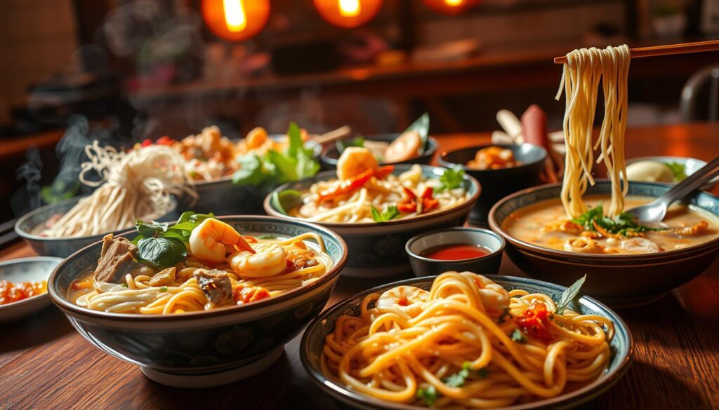 A vibrant array of Chinese noodle dishes, artfully arranged against a backdrop of warm, ambient lighting. In the foreground, a steaming bowl of Hokkien mee, its thick, springy noodles intertwined with juicy shrimp, tender pork, and a medley of crunchy vegetables. Beside it, a fragrant bowl of laksa, its creamy coconut broth infused with the flavors of lemongrass, chili, and fresh seafood. In the middle ground, a platter of hand-pulled noodles, their silky strands twirling and undulating, accompanied by an assortment of dipping sauces and garnishes. The scene exudes an aura of culinary mastery, inviting the viewer to savor the rich diversity of Chinese noodle culture. A vibrant array of Chinese noodle dishes, artfully arranged against a backdrop of warm, ambient lighting. In the foreground, a steaming bowl of Hokkien mee, its thick, springy noodles intertwined with juicy shrimp, tender pork, and a medley of crunchy vegetables. Beside it, a fragrant bowl of laksa, its creamy coconut broth infused with the flavors of lemongrass, chili, and fresh seafood. In the middle ground, a platter of hand-pulled noodles, their silky strands twirling and undulating, accompanied by an assortment of dipping sauces and garnishes. The scene exudes an aura of culinary mastery, inviting the viewer to savor the rich diversity of Chinese noodle culture.