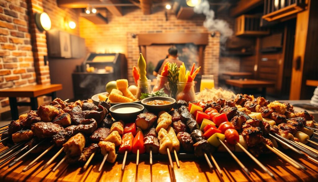A vibrant array of grilled skewers sizzling on a large wooden platter, illuminated by warm, golden lighting. In the foreground, an assortment of succulent meats, seafood, and vegetables, each skewer perfectly charred and seasoned. The middle ground showcases an eye-catching display of various dipping sauces and condiments, inviting the viewer to indulge in the flavors. In the background, a backdrop of rustic brick walls and wooden beams, creating an intimate, cozy atmosphere reminiscent of a traditional Singapore BBQ joint. The scene conveys a mouthwatering, high-quality dining experience, perfect for the "BBQ Box: The Largest Chain with Extensive Menu" section.