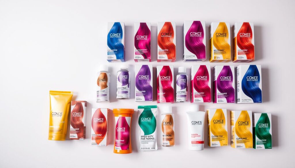 A vibrant array of hair dye products arranged on a clean, minimalist background. Various shades of vibrant colors in sleek, modern packaging are displayed neatly, illuminated by soft, diffused studio lighting. The products are shot from an overhead angle, capturing the full range and diversity of the hair dye selection. The image conveys a sense of high-quality, premium hair care products that would be suitable for a discerning, fashion-conscious audience. A vibrant array of hair dye products arranged on a clean, minimalist background. Various shades of vibrant colors in sleek, modern packaging are displayed neatly, illuminated by soft, diffused studio lighting. The products are shot from an overhead angle, capturing the full range and diversity of the hair dye selection. The image conveys a sense of high-quality, premium hair care products that would be suitable for a discerning, fashion-conscious audience.