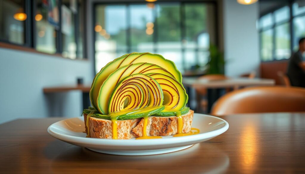 A vibrant, artistically arranged avocado toast dish set against the modern, minimalist backdrop of a Singapore cafe. The avocado is intricately carved into intricate patterns, adding a unique, avant-garde flair to the classic dish. Slices of fresh, ripe avocado are nestled atop a thick, crunchy sourdough toast, drizzled with a bright, zesty citrus dressing. The lighting is soft and diffused, casting a warm, inviting glow across the table setting. The overall composition and styling convey a sense of creativity, innovation and a distinctly Singaporean aesthetic.