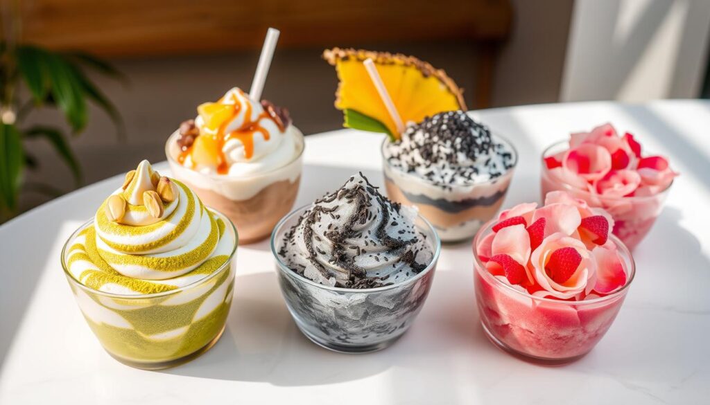 A vibrant assortment of unique and innovative bingsu flavors, artfully arranged on a pristine white tabletop. In the foreground, a decadent matcha-infused bingsu with swirls of green tea powder and a scattering of crushed pistachios. Beside it, a tropical pineapple-coconut bingsu, topped with fresh tropical fruit and a drizzle of caramelized condensed milk. In the middle ground, a striking black sesame bingsu, its onyx hue contrasting with the delicate shavings of ice. Finally, a playful raspberry and rose petal bingsu, the pink and purple tones radiating a whimsical elegance. Soft, natural lighting casts a warm glow over the scene, emphasizing the artistry and creativity of these unique bingsu flavors.