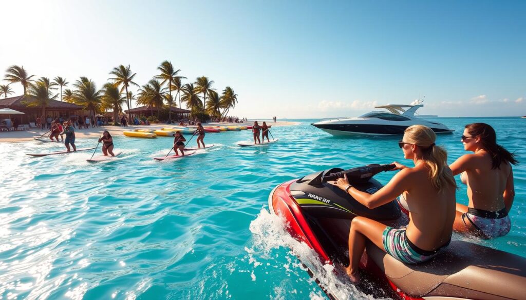 A vibrant beach club scene, with sun-drenched beachgoers enjoying a variety of water sports activities. In the foreground, a group of friends playfully engage in jet skiing, their laughter and splashes captured in a dynamic, wide-angle shot. In the middle ground, a team of stand-up paddleboarders glide gracefully across the crystal-clear turquoise waters, their silhouettes casting long shadows on the gently lapping waves. In the background, a cluster of colorful inflatable water toys and a gleaming, high-performance motorboat add to the lively atmosphere, all set against a backdrop of swaying palms and a cloudless, azure sky. The overall mood is one of carefree summer bliss, perfectly capturing the essence of the ultimate beach club experience.
