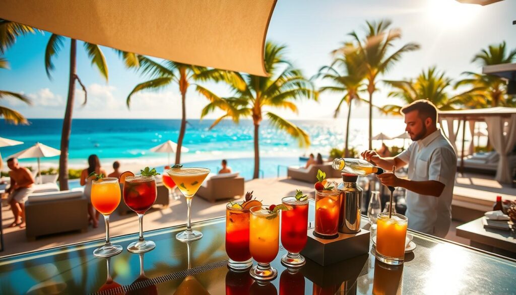 A vibrant beach club setting, sun-drenched and brimming with energy. In the foreground, a selection of signature cocktails arranged on a sleek, glass-topped bar, their colorful hues and intricate garnishes catching the warm, golden light. Bartenders in crisp white uniforms expertly mix and pour, their movements captured in a shallow depth of field. In the middle ground, guests lounge on plush cabanas and daybeds, sipping their drinks and taking in the stunning ocean views. The background features a glistening infinity pool, palm trees swaying gently, and a horizon line where the sparkling turquoise waters meet the cloudless sky. The overall atmosphere exudes a sense of luxury, relaxation, and sophisticated island living.