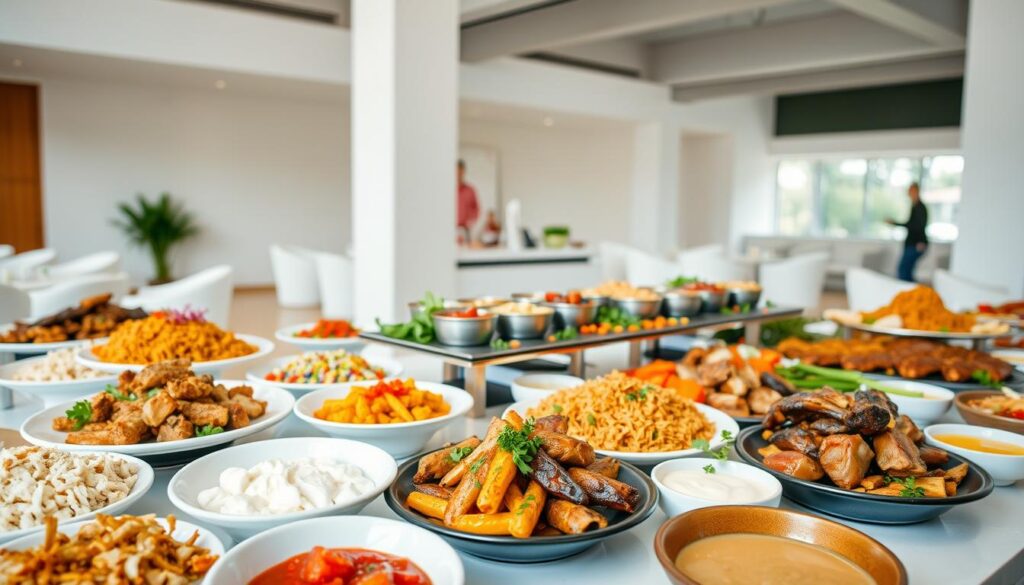 A vibrant, beautifully plated halal buffet spread set against a modern, minimalist backdrop. In the foreground, an assortment of aromatic, freshly-prepared halal dishes - from fragrant biryani and succulent grilled meats to colorful vegetable curries and creamy dips. The middle ground showcases neatly arranged platters and serving trays, their contents carefully curated to tantalize the senses. In the background, a clean, bright interior with sleek, contemporary furnishings and natural lighting, creating an inviting atmosphere for a high-quality halal catering experience in Singapore.