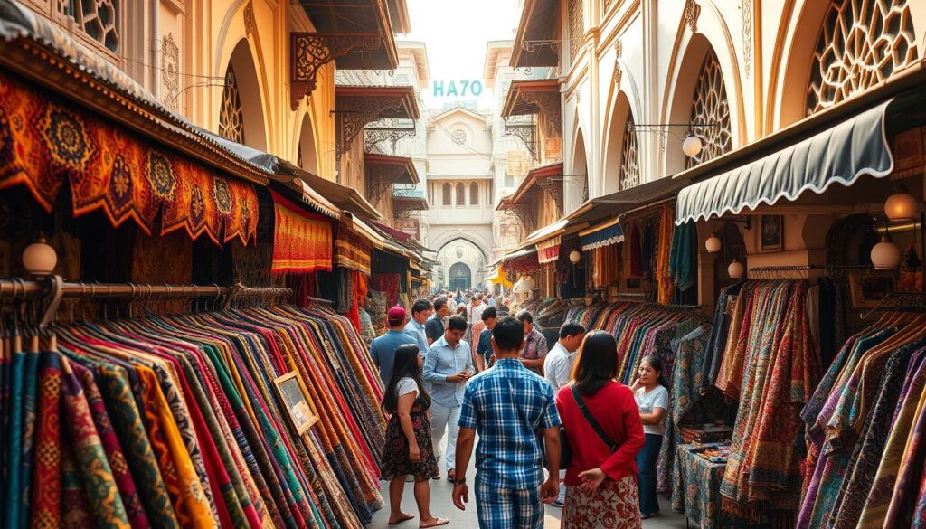 A vibrant, bustling Arab Street market in Singapore, filled with colorful Islamic fabrics. The foreground features stalls brimming with an array of intricate, ornate textiles in rich jewel-toned hues - silks, satins, and velvets in patterns inspired by traditional Middle Eastern motifs. In the middle ground, shopkeepers and customers haggle amiably, creating a lively, energetic atmosphere. The background showcases the distinctive architecture of the shophouses, their facades adorned with ornate Islamic arches and calligraphic elements. The scene is bathed in warm, diffused natural light, casting a golden glow and enhancing the vibrant colors. Overall, the image conveys the rich cultural heritage and vibrant energy of this iconic Singaporean marketplace. A vibrant, bustling Arab Street market in Singapore, filled with colorful Islamic fabrics. The foreground features stalls brimming with an array of intricate, ornate textiles in rich jewel-toned hues - silks, satins, and velvets in patterns inspired by traditional Middle Eastern motifs. In the middle ground, shopkeepers and customers haggle amiably, creating a lively, energetic atmosphere. The background showcases the distinctive architecture of the shophouses, their facades adorned with ornate Islamic arches and calligraphic elements. The scene is bathed in warm, diffused natural light, casting a golden glow and enhancing the vibrant colors. Overall, the image conveys the rich cultural heritage and vibrant energy of this iconic Singaporean marketplace.