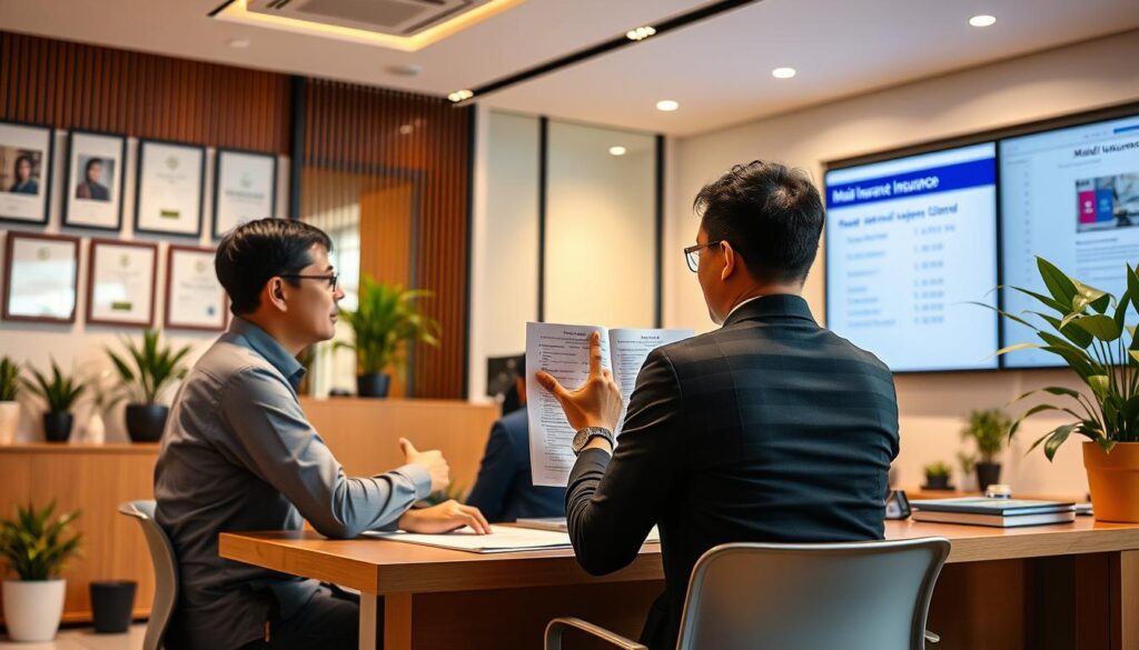 A vibrant, bustling insurance office in Singapore, with a well-lit interior and sleek, modern decor. In the foreground, a customer sits at a desk, reviewing maid insurance policy options with a professional insurance agent. The agent gestures animatedly, explaining the various coverage plans and costs. Subtle details like potted plants, framed certificates, and a large display screen in the background add to the professional atmosphere. Warm, natural lighting casts a welcoming glow, and the composition captures the sense of a productive, informative insurance consultation.