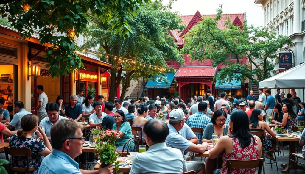 A vibrant, bustling outdoor dining scene along Joo Chiat Road, Singapore. In the foreground, people enjoying local delicacies at charming alfresco cafes and eateries, their lively conversations and laughter filling the air. Middle ground showcases the distinctive Peranakan shophouses and architecture, their colorful facades and intricate details. The background features verdant trees and the warm glow of string lights, creating a cozy, inviting atmosphere. Soft, natural lighting filters through, casting a gentle, nostalgic ambiance over the entire scene. The overall impression is one of a thriving, beloved neighborhood, where the rich culinary traditions of East Singapore are celebrated and shared.