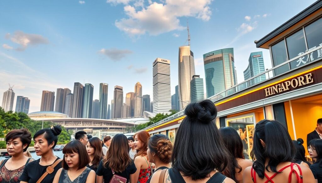 A vibrant cityscape of Singapore, with a diverse array of hair styles prominently showcased. In the foreground, a bustling street scene featuring local residents sporting a range of contemporary and traditional hairstyles, from sleek bobs to intricate updos. The middle ground features a series of elegant hair salons, their windows displaying the latest trends and techniques. In the background, the iconic skyline of Singapore's financial district, with its towering skyscrapers and modern architecture, creating a dynamic and visually striking backdrop. The lighting is warm and inviting, capturing the energy and style of Singapore's thriving hair care industry. The scene evokes a sense of sophistication, creativity, and the city's commitment to embracing diverse cultural influences.