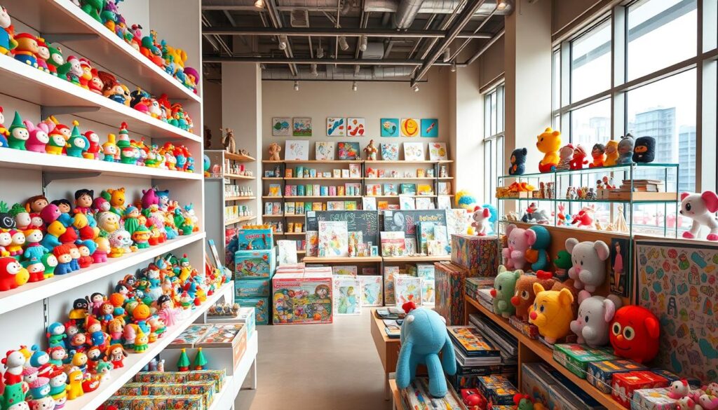 A vibrant collection of creative art toys displayed in a modern Singaporean toy store. In the foreground, an array of colorful, whimsical figurines, puzzles, and building sets arranged on sleek, minimalist shelves. The middle ground features a diverse selection of art-inspired plushies, sketch kits, and DIY craft kits. The background showcases large windows that let in warm, natural light, creating a bright, airy atmosphere. The overall scene exudes a sense of imagination, playfulness, and inspiration, perfectly capturing the essence of a store specializing in unique, artful toys.