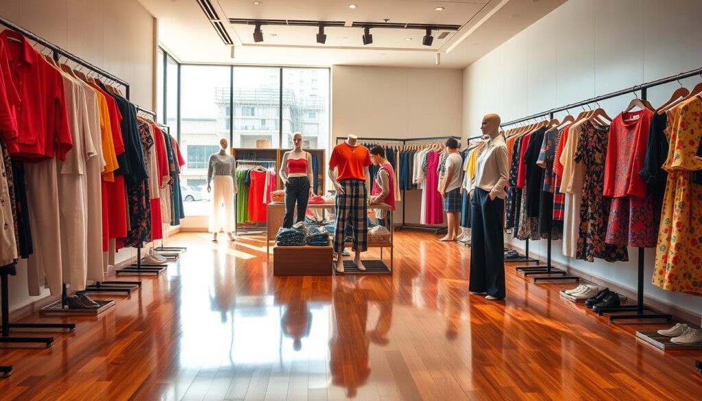 A vibrant collection of locally-designed fashion pieces, showcased in a sleek, modern retail space. In the foreground, a diverse array of clothing and accessories from Singapore's leading apparel brands, ranging from minimalist streetwear to bold, experimental designs. Reflected in the gleaming hardwood floors, the pieces are illuminated by warm, natural lighting filtering in through large windows. In the middle ground, mannequins display the latest seasonal collections, while shoppers browse the racks, admiring the craftsmanship and unique aesthetics. The background features a clean, refined interior with muted tones, allowing the vibrant fashion to take center stage and celebrate the ingenuity of Singapore's homegrown talent.