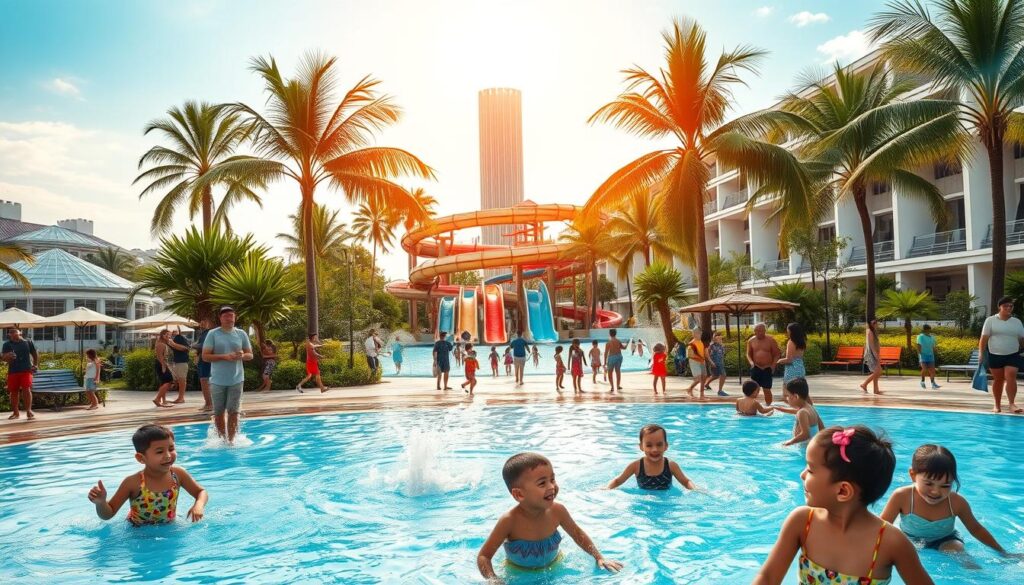 A vibrant community water park in Singapore, bustling with families enjoying the sun-dappled facilities. In the foreground, children splash and giggle in the colorful, zero-depth splash pad, surrounded by lush tropical greenery. In the middle ground, a towering water slide winds through the park, its riders' laughter echoing across the scene. The background showcases a modern, architecturally-stunning pool complex, its gleaming tiles and sleek lines complementing the verdant landscaping. Warm, golden sunlight filters through the palm trees, creating a welcoming, energetic atmosphere that captures the spirit of a thriving, community-oriented water park.