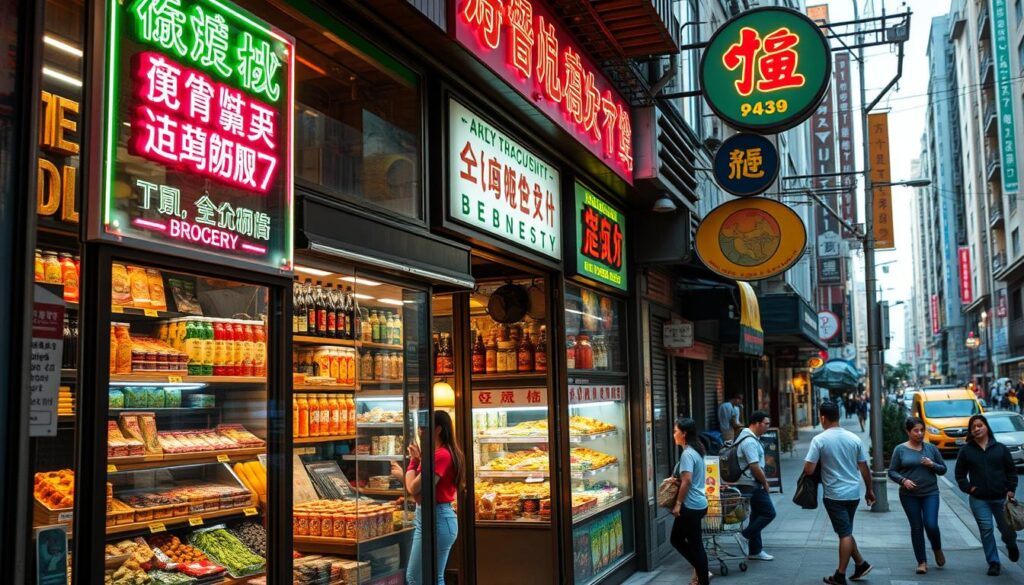 A vibrant cultural specialty grocery store, its facade adorned with neon signs and colorful produce displays. Through the large windows, glimpse the array of exotic spices, sauces, and delicacies from around the world. Shoppers weave between narrow aisles, examining the unique offerings - from freshly baked Asian pastries to imported specialty foods. Ambient lighting casts a warm glow, inviting further exploration of this hidden gem. In the background, a bustling city street scene, with pedestrians and the occasional passing vehicle, creating an atmosphere of lively community.