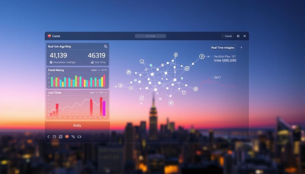 A vibrant, data-driven visualization of the Instagram algorithm's impact on post timing and engagement. In the foreground, a sleek, minimalist dashboard displays real-time metrics, colored bars, and charts that clearly convey the ebb and flow of user activity throughout the day. The middle ground features a stylized, abstract representation of the algorithm's complex decision-making process, with interconnected nodes and pulsing lines that suggest the dynamic nature of the platform. In the background, a softly blurred city skyline at dawn sets the scene, hinting at the global reach and 24/7 nature of social media engagement. The overall mood is one of technological sophistication, data-driven insights, and the powerful influence of the Instagram algorithm on content visibility and user behavior.