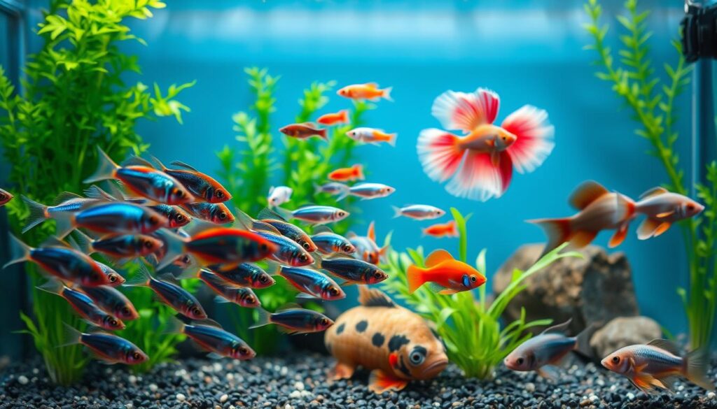 A vibrant, detailed scene of various beginner-friendly fish species swimming in a pristine aquarium. In the foreground, a school of neon tetras flashes with iridescent blues and reds, their fins gracefully flowing. In the middle ground, a group of plump, colorful guppies dart between lush aquatic plants. In the background, a regal betta fish fans its magnificent fins, while corydoras catfish scavenge the gravel below. Soft, diffused lighting casts a warm, calming glow across the tranquil underwater tableau. The scene conveys the beauty and tranquility of an ideal starter aquarium, inviting the viewer to imagine the joy of keeping these hardy, beginner-friendly fish.