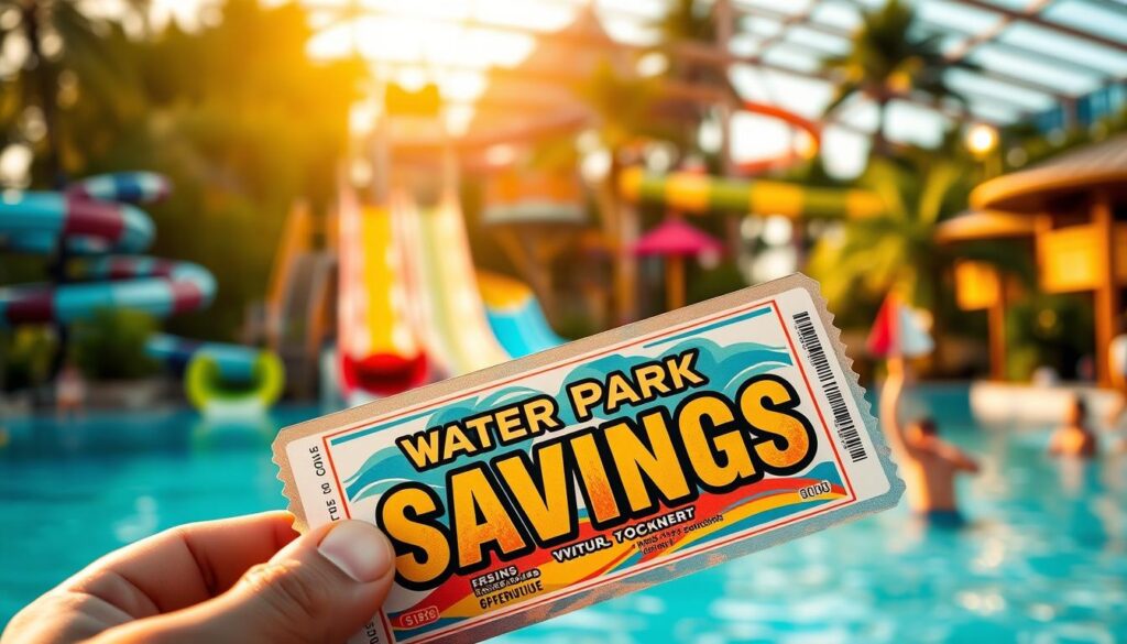 A vibrant, detailed water park ticket with a prominent "SAVINGS" banner. The ticket is presented in the foreground, with a blurred background showcasing the lush greenery, slides, and attractions of a bustling water park. Warm, golden lighting casts a cheerful glow, creating a sense of excitement and anticipation. The ticket design features eye-catching graphics, bold typography, and strategic use of colors to draw attention to the savings opportunity. The overall composition is well-balanced, highlighting the core message of "water park ticket savings" while subtly hinting at the fun-filled experience awaiting visitors.