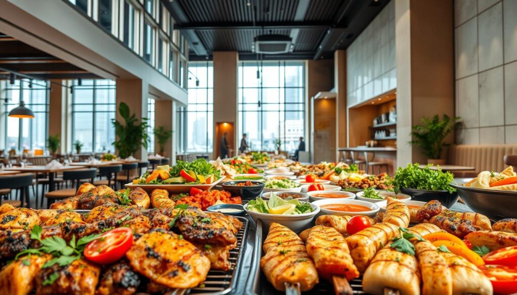 A vibrant display of Mediterranean cuisine in the heart of Singapore's bustling city. A modern, airy restaurant with natural light flooding through large windows, illuminating a spread of colorful, freshly prepared dishes. In the foreground, a selection of succulent grilled meats and vegetables, seasoned with fragrant herbs and spices. In the middle ground, a variety of salads, dips, and freshly baked pita bread, inviting diners to indulge in a flavorful culinary journey. The background features a minimalist, contemporary interior design with clean lines and earthy tones, creating a welcoming and relaxed atmosphere. The overall scene captures the essence of Miznon's Mediterranean-inspired cuisine, blending traditional flavors with a modern, Singaporean twist.