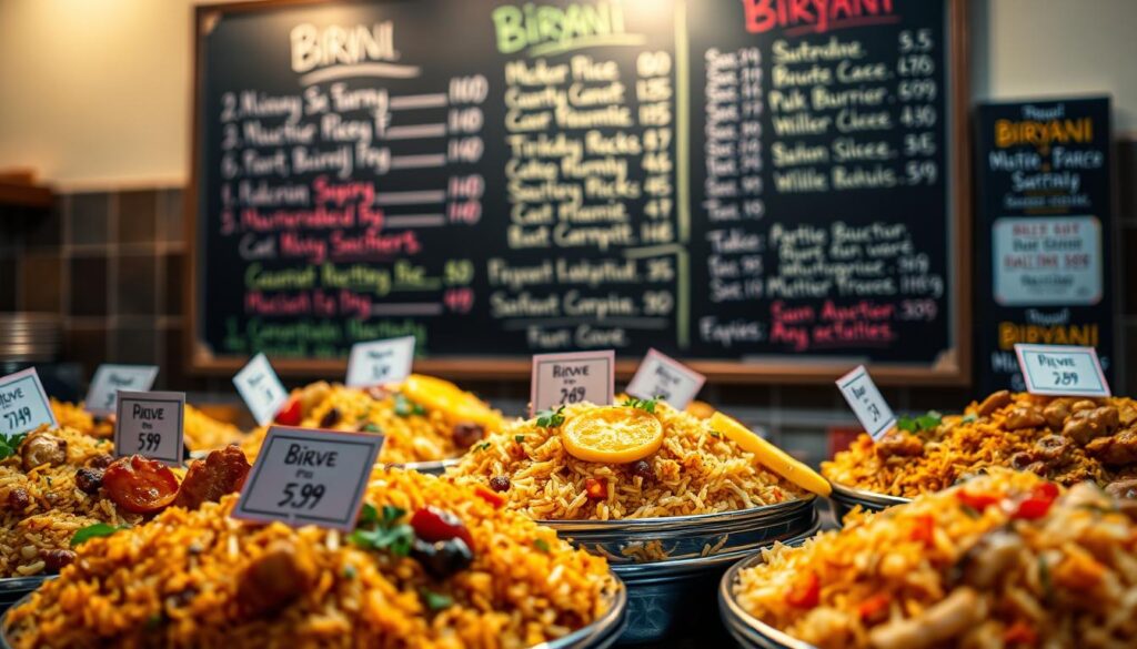 A vibrant display of biryani dishes, each with a price tag thoughtfully placed, invites a closer inspection. The foreground showcases an array of aromatic basmati rice, tender meat, and colorful accompaniments, expertly crafted to tantalize the senses. In the middle ground, a chalkboard menu board highlights the range of biryani options, their prices neatly listed, allowing for easy comparison. The background is softly lit, creating a warm and inviting atmosphere, emphasizing the value and quality of these culinary delights. The composition is balanced, drawing the viewer's attention to the price-to-value ratio, a key consideration for the discerning biryani enthusiast. A vibrant display of biryani dishes, each with a price tag thoughtfully placed, invites a closer inspection. The foreground showcases an array of aromatic basmati rice, tender meat, and colorful accompaniments, expertly crafted to tantalize the senses. In the middle ground, a chalkboard menu board highlights the range of biryani options, their prices neatly listed, allowing for easy comparison. The background is softly lit, creating a warm and inviting atmosphere, emphasizing the value and quality of these culinary delights. The composition is balanced, drawing the viewer's attention to the price-to-value ratio, a key consideration for the discerning biryani enthusiast.