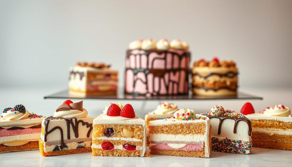 A vibrant display of custom ice cream cake options, captured in a crisp, high-resolution photograph. The foreground features an array of tempting cake slices, each adorned with an array of toppings, fillings, and decorative flourishes - from glistening fresh fruit, to rich chocolate drizzle, to colorful sprinkles. The middle ground showcases a selection of whole cakes, invitingly arranged on a sleek, modern display. The background is a softly blurred, minimalist setting, allowing the cakes to take center stage. Warm, even lighting illuminates the tantalizing textures and colors, creating an appetizing, yet aspirational atmosphere. The overall composition draws the viewer's eye, enticing them to imagine the delightful, personalized desserts they could create.