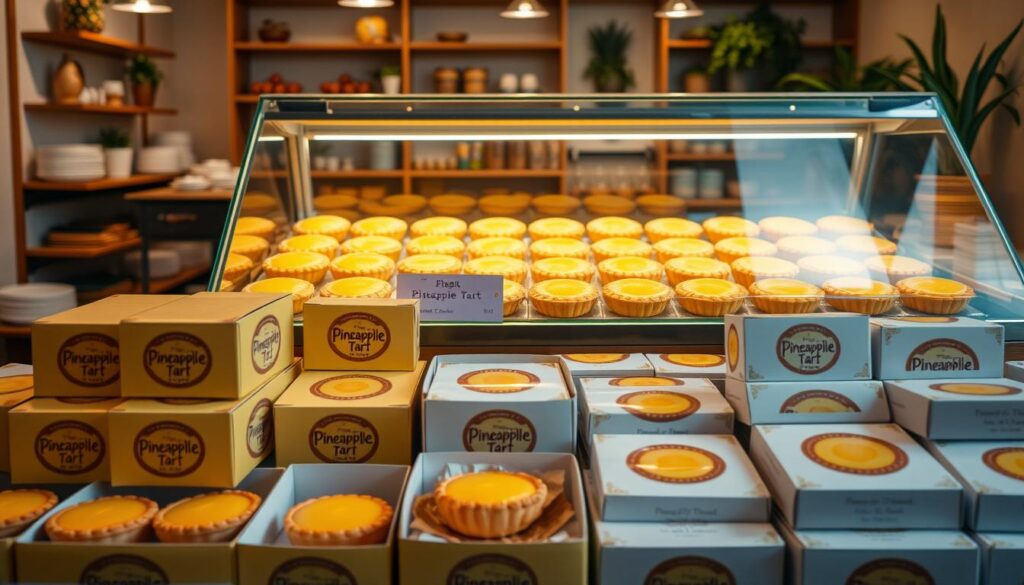 A vibrant display of pineapple tart purchasing options, showcased in a well-lit, inviting storefront. In the foreground, an array of neatly arranged pineapple tart boxes in various sizes and packaging, inviting the viewer to consider their desired portion. The middle ground features an elegant glass display case, showcasing the freshly baked pineapple tarts in all their golden, flaky glory. The background depicts the warm, cozy ambiance of the bakery, with soft lighting, wooden shelves, and the occasional potted plant adding a touch of hominess. The overall composition conveys a sense of quality, attention to detail, and the enticing allure of these beloved Singaporean treats.