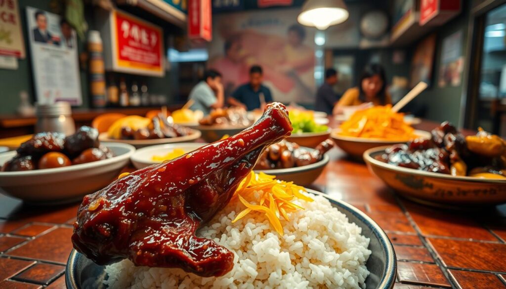 A vibrant display of regional braised duck specialties, captured in a warm, inviting setting. In the foreground, a succulent, mahogany-glazed duck leg rests atop a bed of fragrant, steaming rice, garnished with crisp, golden-fried shallots. In the middle ground, a variety of braised duck dishes unfold, each with its own distinct aroma and flavor profile - from a rich, soy-infused duck stew to a tender, fall-off-the-bone duck confit. The background is filled with the cozy ambiance of a family-run hawker stall, with weathered wooden tables, worn tiles, and the faint hum of lively conversation. Soft, directional lighting casts a golden glow, accentuating the mouthwatering dishes and creating an atmosphere of authentic, homemade comfort.