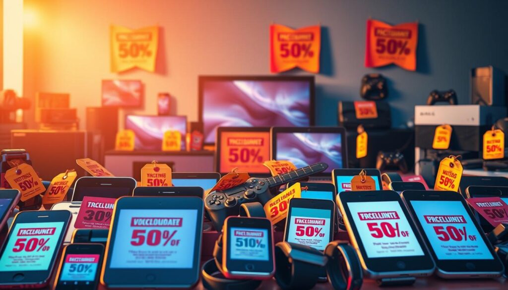 A vibrant, dynamic scene showcasing a diverse array of electronic devices adorned with eye-catching promotional tags and discounted price labels. In the foreground, a collection of smartphones, tablets, and wearables prominently display their discounted prices and limited-time offers, their screens glowing with a warm, inviting radiance. In the middle ground, larger electronic items such as televisions, laptops, and gaming consoles are arranged in a visually appealing manner, their discounted prices and promotional banners creating a sense of excitement and anticipation. The background is filled with a soft, diffused lighting that bathes the entire scene in a warm, welcoming glow, emphasizing the allure of these discounted electronics. The overall composition conveys a sense of opportunity and value, perfectly encapsulating the spirit of "Maximizing Your Savings: Promotions and Discounts."