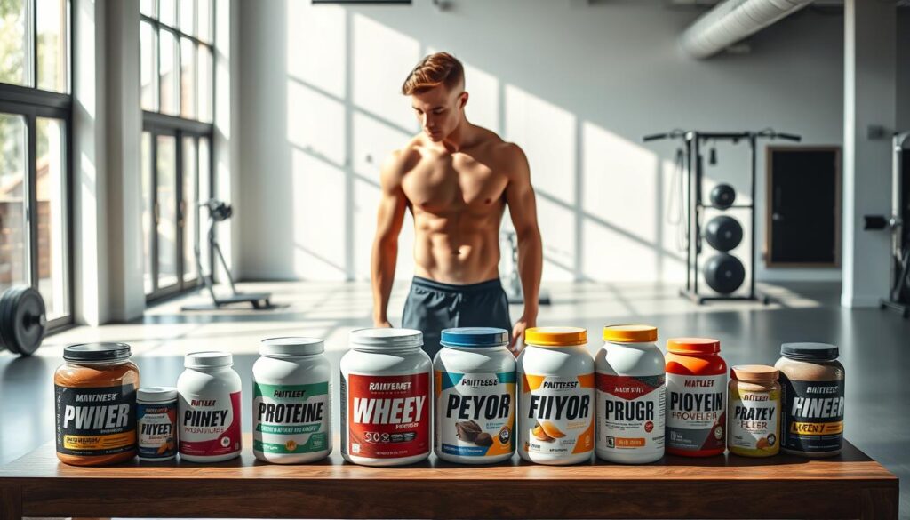 A vibrant fitness studio with ample natural light streaming through large windows. In the foreground, a display table showcases various protein powder containers, each with distinct labels and colors, arranged in an eye-catching manner. The middle ground features a young, fit individual standing beside the table, studying the products intently, contemplating their fitness goals. The background depicts a clean, minimalist space with motivational workout equipment, hinting at the diverse ways to incorporate the chosen protein powder. The lighting is soft and flattering, creating a sense of focus and determination. The overall atmosphere evokes a serene, yet energetic, environment where the decision-making process for the best protein powder is thoughtfully considered.