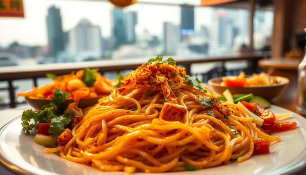 A vibrant fried vermicelli dish takes center stage, the noodles glistening with a golden-brown sear. Surrounding it, an array of delectable toppings - crispy fried shallots, tangy pickled veggies, and a scattering of fresh herbs. The scene is bathed in warm, soft lighting, casting a cozy, nostalgic glow. In the background, a blurred cityscape suggests a bustling, quintessentially Singaporean setting. The overall composition evokes a sense of culinary adventure, inviting the viewer to immerse themselves in the flavorful, economical delights of a beloved local specialty. A vibrant fried vermicelli dish takes center stage, the noodles glistening with a golden-brown sear. Surrounding it, an array of delectable toppings - crispy fried shallots, tangy pickled veggies, and a scattering of fresh herbs. The scene is bathed in warm, soft lighting, casting a cozy, nostalgic glow. In the background, a blurred cityscape suggests a bustling, quintessentially Singaporean setting. The overall composition evokes a sense of culinary adventure, inviting the viewer to immerse themselves in the flavorful, economical delights of a beloved local specialty.
