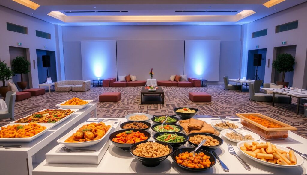 A vibrant halal catering setup unfolds in a spacious, well-lit event space. In the foreground, a variety of tempting halal dishes are elegantly presented on sleek, modern catering tables, accompanied by neatly arranged cutlery and serveware. The middle ground showcases flexible seating options, with plush cushions and low tables, creating a cozy and inviting atmosphere. In the background, a neutral-toned backdrop allows the culinary offerings to take center stage, while subtle lighting casts a warm glow, enhancing the overall ambiance. The scene conveys a sense of adaptability, where the catering setup can be seamlessly tailored to accommodate different event needs and preferences.