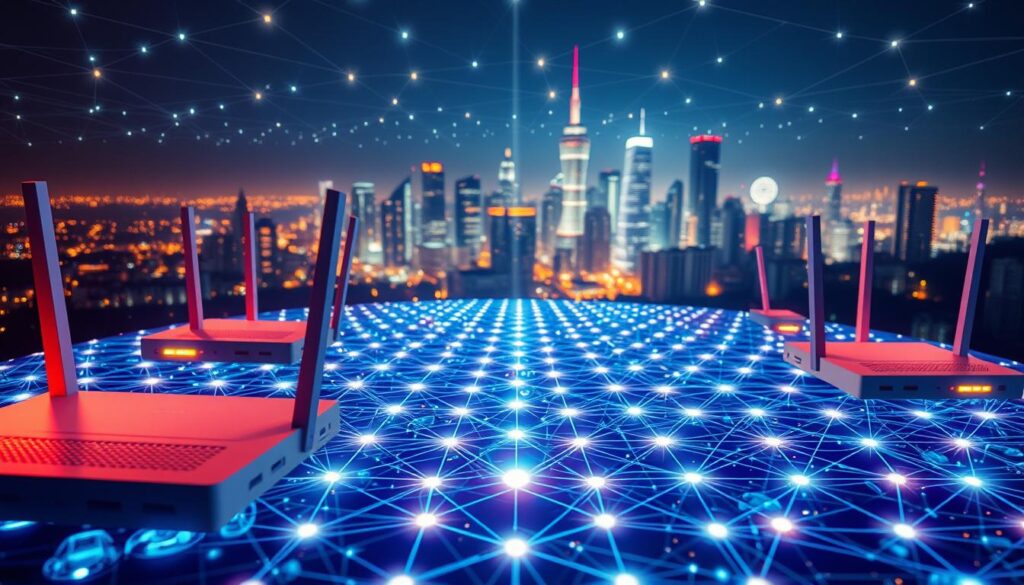 A vibrant, high-performance mesh network coverage, showcasing a futuristic, interconnected world. In the foreground, sleek, modern routers emit a soft, ambient glow, their intricate circuitry and antennas visible. The middle ground features a sprawling, three-dimensional grid of interconnected nodes, pulsing with energy, representing the robust coverage and seamless connectivity. In the background, a cityscape of towering skyscrapers and smart homes emerges, bathed in a warm, inviting light, symbolizing the integration of advanced technology into daily life. The scene conveys a sense of technological prowess, efficiency, and the promise of a seamlessly connected future.