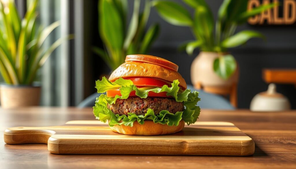 A vibrant, high-resolution photograph of an artfully arranged plant-based burger on a wooden board, set against a backdrop of lush greenery and modern minimalist decor. The burger's patty is a rich, brown hue, topped with fresh vegetables like tomato slices, crisp lettuce leaves, and a creamy, plant-based sauce. The lighting is soft and natural, accentuating the burger's textures and colors. The overall scene conveys a sense of health, freshness, and culinary innovation, reflecting the unique character of plant-based cuisine in Singapore.