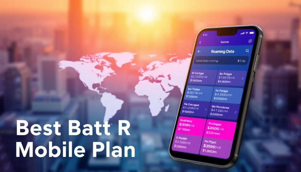 A vibrant image showcasing the best data roaming mobile plan options. In the foreground, a modern smartphone displaying various roaming data plans and packages, its screen illuminated by a warm, natural light. In the middle ground, a world map highlighting connectivity across different regions, emphasizing the seamless roaming experience. The background features a blurred cityscape, evoking the global nature of mobile connectivity. The overall composition conveys a sense of ease and convenience, inviting the viewer to explore the optimal roaming solutions for their travels.
