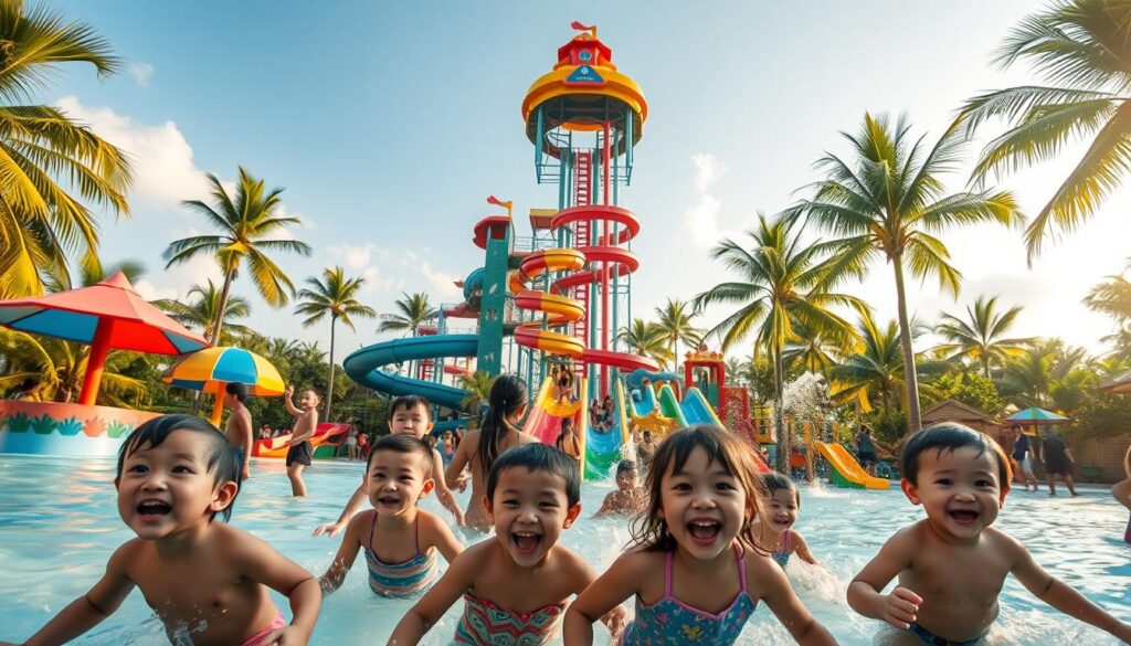 A vibrant kid-focused water park in Singapore, with a colorful array of slides, splash pads, and interactive water features. In the foreground, children gleefully play, their laughter and squeals filling the air. The middle ground features a towering, multicolored water slide, its twists and turns beckoning young adventurers. In the background, lush tropical foliage and a clear blue sky create a serene, inviting atmosphere. The scene is bathed in warm, golden sunlight, creating a cheerful, family-friendly ambiance. Shot with a wide-angle lens to capture the dynamic, immersive experience of this vibrant, kid-centric oasis.