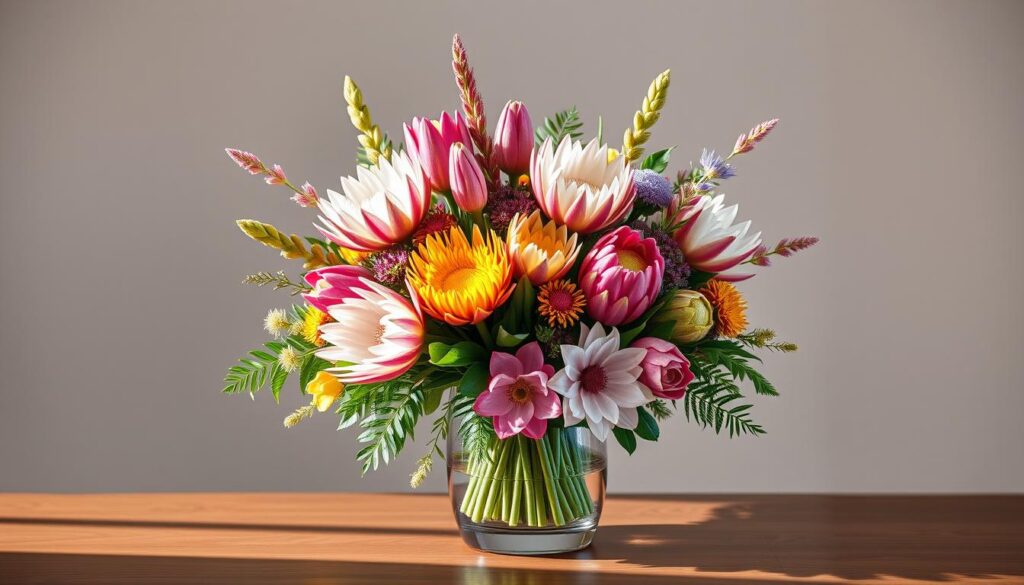A vibrant, lush display of Australian native flowers in a stylish, minimalist floral arrangement. The centerpiece features an array of proteas, banksias, and native greenery, meticulously arranged in a sleek, modern vase. The composition is bathed in soft, natural lighting, creating a sense of warmth and elegance. The background is a clean, neutral backdrop, allowing the flowers to take center stage. The overall scene evokes a tranquil, sophisticated ambiance, capturing the essence of an Australian floral sensation in the heart of Singapore. A vibrant, lush display of Australian native flowers in a stylish, minimalist floral arrangement. The centerpiece features an array of proteas, banksias, and native greenery, meticulously arranged in a sleek, modern vase. The composition is bathed in soft, natural lighting, creating a sense of warmth and elegance. The background is a clean, neutral backdrop, allowing the flowers to take center stage. The overall scene evokes a tranquil, sophisticated ambiance, capturing the essence of an Australian floral sensation in the heart of Singapore.