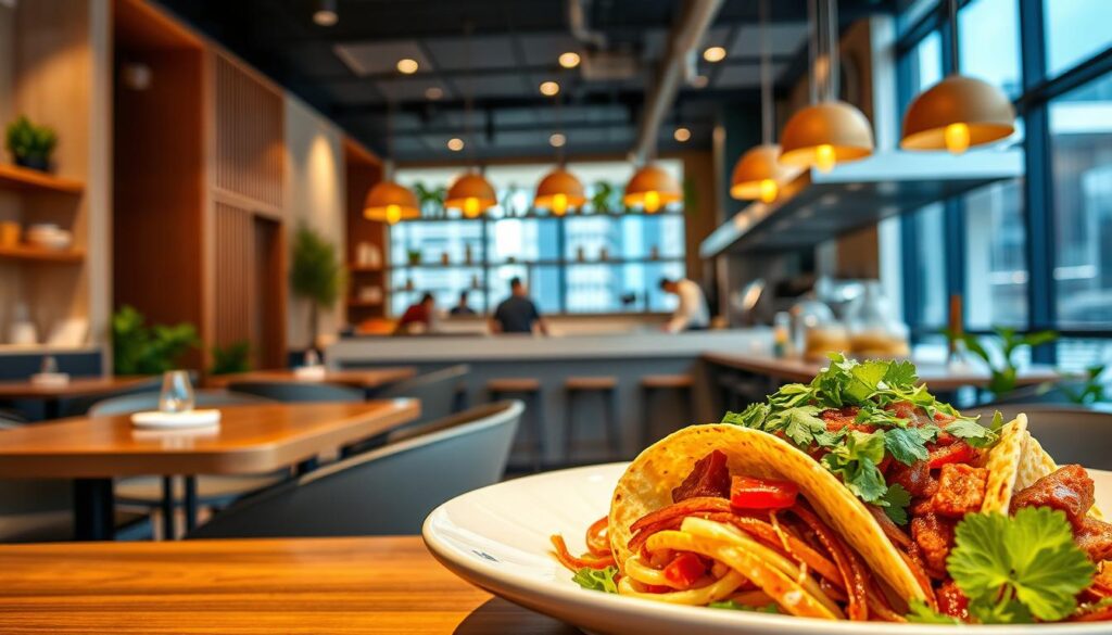 A vibrant, modern halal Mexican restaurant situated in bustling Singapore, with a warm and inviting ambiance. The foreground showcases a beautifully plated dish, featuring a generous portion of authentic Mexican cuisine, including tantalizing tacos overflowing with fragrant spices, fresh herbs, and succulent meats. In the middle ground, the restaurant's sleek, minimalist interior design is highlighted, with clean lines, natural wood accents, and subtle lighting that creates a cozy, intimate atmosphere. The background reveals the restaurant's lively open kitchen, where skilled chefs expertly prepare each dish with care and precision, surrounded by the bustling energy of the city beyond the windows.