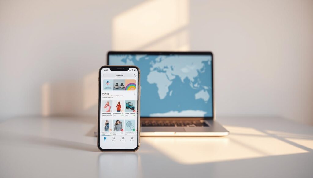 A vibrant, modern online shopping experience set against a sleek, minimalist backdrop. In the foreground, a smartphone display showcases a range of products, with intuitive navigation and personalized recommendations. The middle ground features a laptop screen, highlighting the seamless transition between mobile and desktop shopping. In the background, a stylized world map suggests the global reach and convenience of this digitally-enhanced retail journey. Warm, natural lighting casts a welcoming glow, while a subtle color palette of greys, whites, and blues conveys a sense of sophistication and efficiency. The overall composition emphasizes the effortless, immersive nature of maximizing one's online shopping experience.