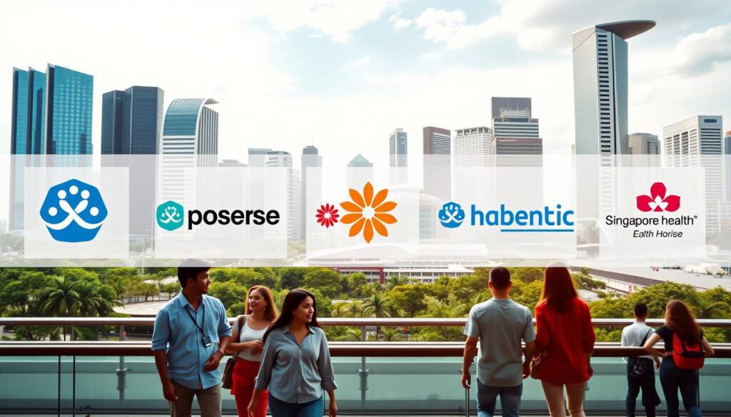A vibrant, modern stock image showcasing the top health insurance providers in Singapore. The foreground features a clean, minimalist composition with five prominent logos of major insurance companies, each displayed with equal visual weight. The middle ground showcases a diverse group of people, representing the target market, engaged in various activities that highlight the versatility and accessibility of the insurance services. The background depicts a dynamic cityscape of Singapore, with a mix of skyscrapers, greenery, and public spaces, conveying a sense of progress, innovation, and a thriving urban environment. The lighting is soft and balanced, creating a professional, trustworthy atmosphere. The overall mood is one of confidence, reliability, and a commitment to providing comprehensive health coverage to the citizens of Singapore.