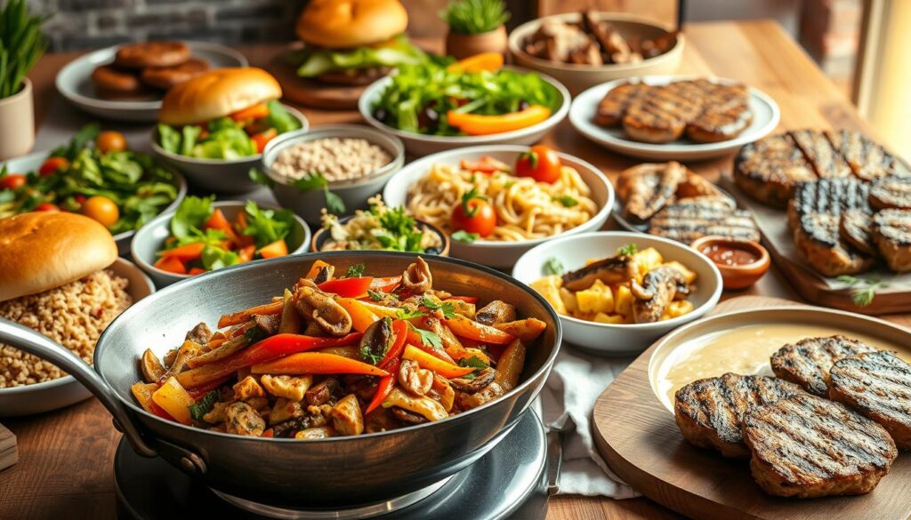 A vibrant, mouthwatering spread of western food alternatives, captured in a warm, inviting light. In the foreground, a hearty vegetable stir-fry sizzles on a polished steel wok, surrounded by a medley of plant-based burgers, quinoa bowls, and colorful salads. The middle ground features a creamy, dairy-free pasta dish, its sauce glistening with roasted vegetables. In the background, a rustic wooden table is laden with an array of alternative protein sources, from grilled tofu to succulent mushroom-based steaks. The scene exudes a sense of culinary innovation and healthy indulgence, inviting the viewer to explore the diverse possibilities beyond the traditional chicken chop.